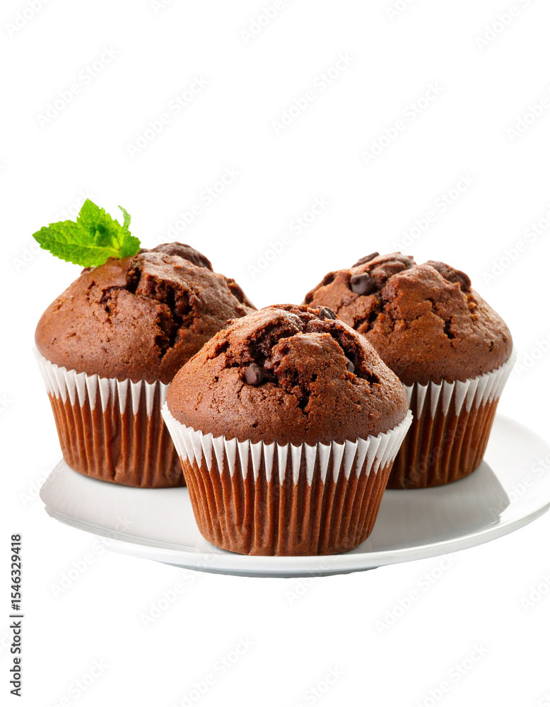 Three Chocolate Muffins with Choco Chips on White Plate – Front View Three Chocolate Muffins with Choco Chips on White Plate – Front View