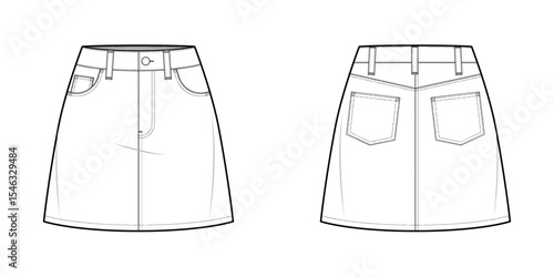 Five Pocket Semi Flared Denim Skirt- Mini skirt Front and Back View- Fashion Technical Illustration- Vector Cad Mock-up 