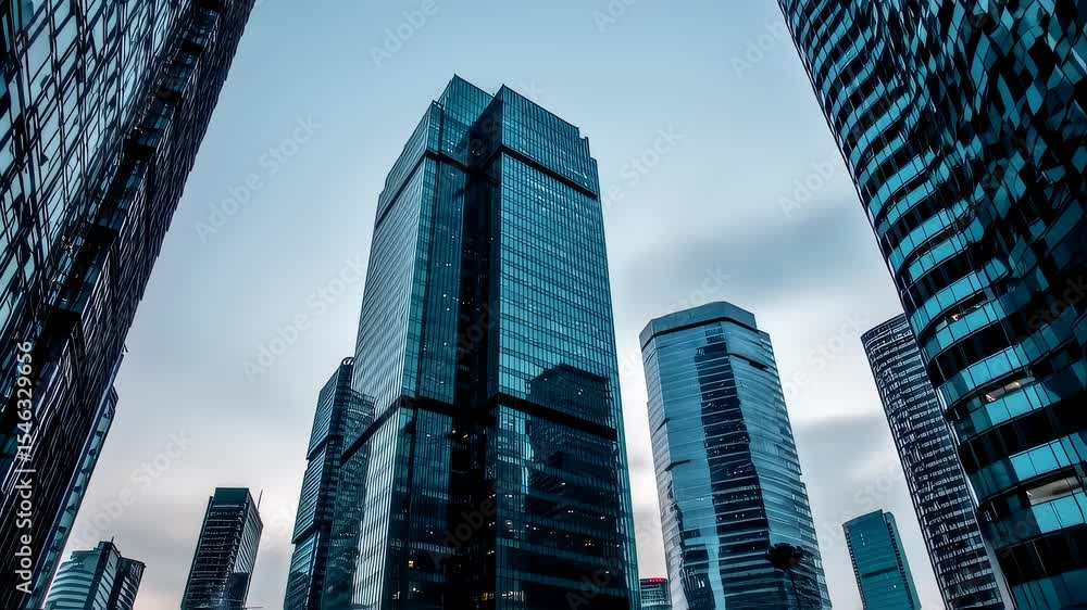 Upward pan of skyscrapers reflecting cloudy dusk sky Upward pan of skyscrapers reflecting cloudy dusk sky