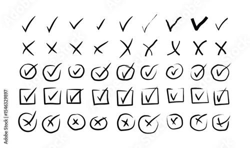 Check marks doodle set. Vote, yes, no, checkbox, checklist, tick and cross signs. Check tick mark icon set. Hand drawn doodle sketch style vector illustration
