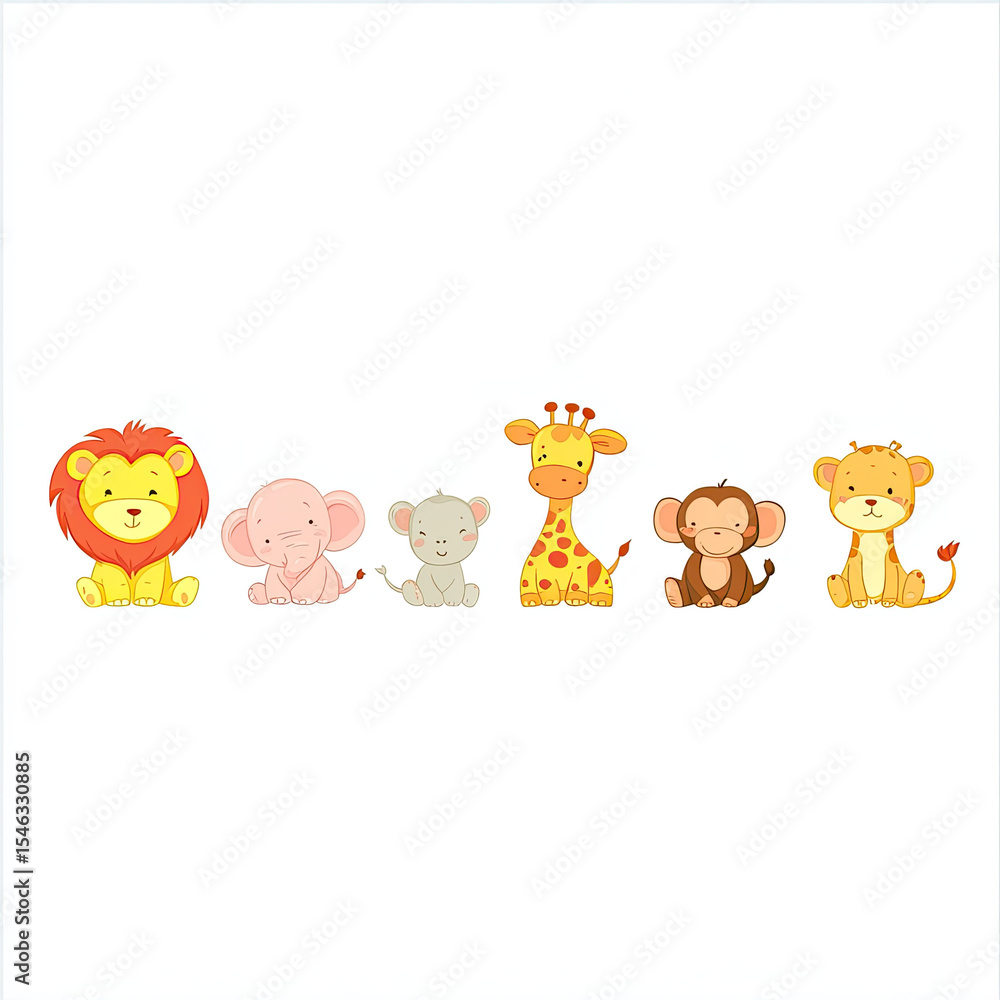 Obraz premium Cute baby jungle animals sitting horizontal row with happy