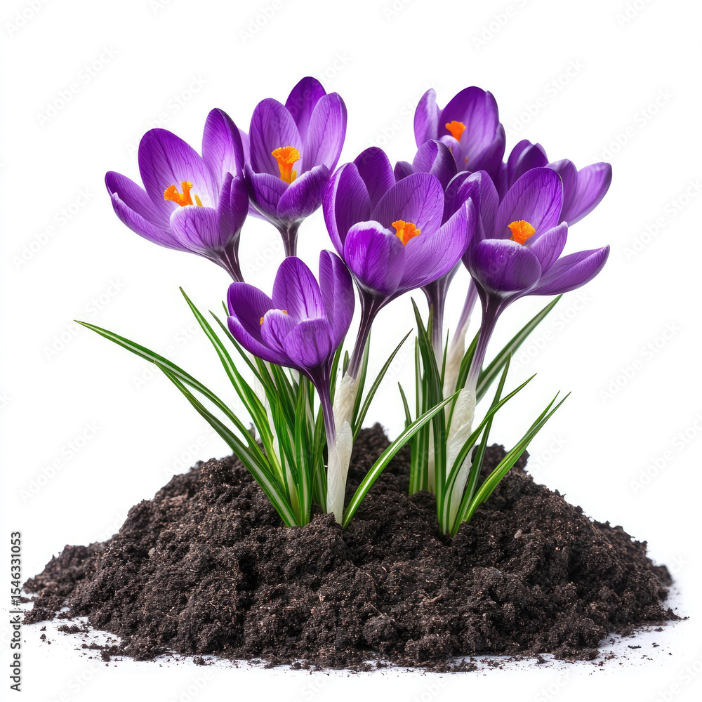 Naklejka premium Purple crocus flowers blooming in soil with green leaves