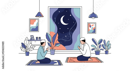 Muslims Praying at Night During Ramadan under the Crescent Moon with Peaceful Atmosphere