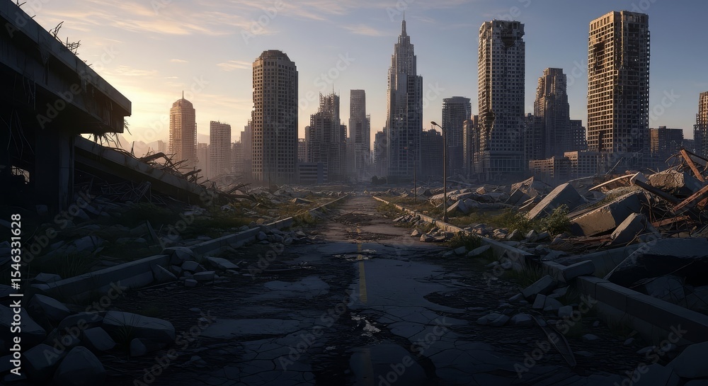 Fototapeta premium Post-Apocalyptic Cityscape Ruins and Resilience at Sunset