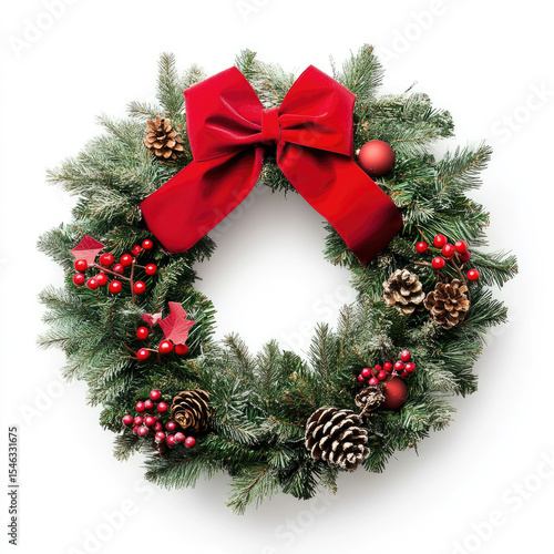 Christmas wreath with red bow and pine cones on white