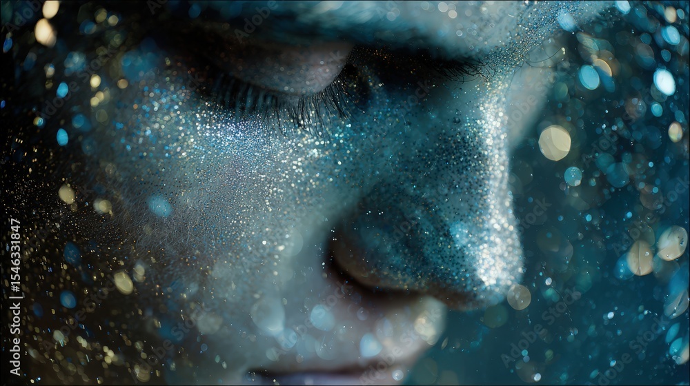 Fototapeta premium Close-up of a face covered in blue and gold glitter. Abstract, glamorous, and perfect for beauty, fashion, and cosmetics. Ideal for websites, social media, and print.