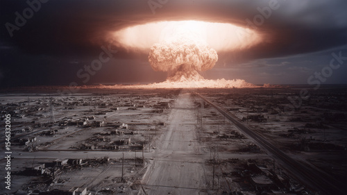 Massive Luminous Mushroom Cloud Erupting from Flat Terrain, Intense Orange Plasma Bloom Expanding Above Straight Road Cutting Through Desolate Landscape