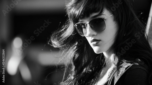 Wallpaper Mural Rocker girl with sunglasses, black and white half profile portrait, dramatic side lighting, blurred urban background Torontodigital.ca