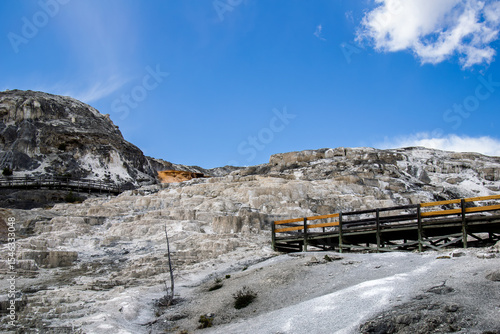Mammoth Hot Springs terraces in Yellowstone National Park with the wooden path.