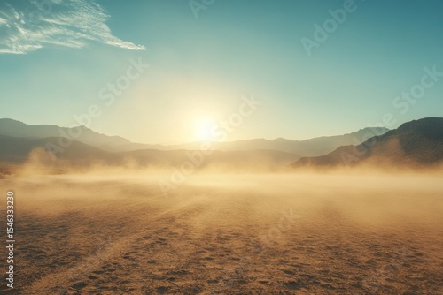 Low dusty mist blowing across the desert floor at sunset with mountains in the background