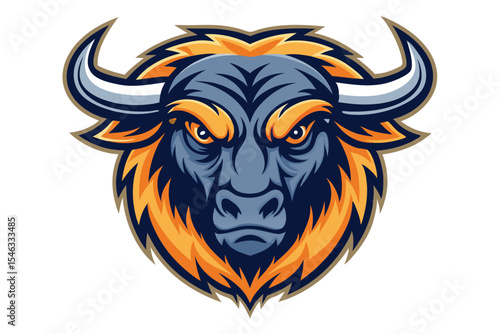 Angry bull head with orange eyes stares intensely forward against a white backdrop