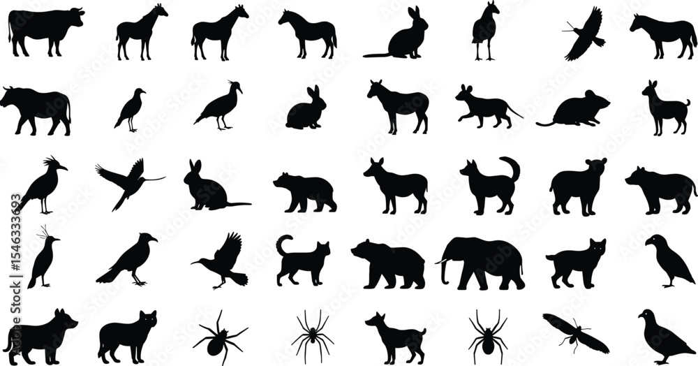 Animal silhouettes vector illustration, farm animals, wild animals, birds, insects, black icons collection for wildlife, nature, education, and design Animal silhouettes vector illustration, farm animals, wild animals, birds, insects, black icons collection for wildlife, nature, education, and design