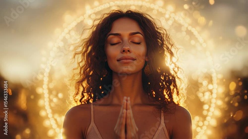 Woman prayer at sunset, glowing yoga mandala, spiritual meditation feeling, mystical lights effects