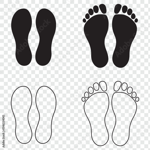 Black And White foot prints and Shoe Prints Sole Pattern Collection Vector Illustration isolated on transparent background.