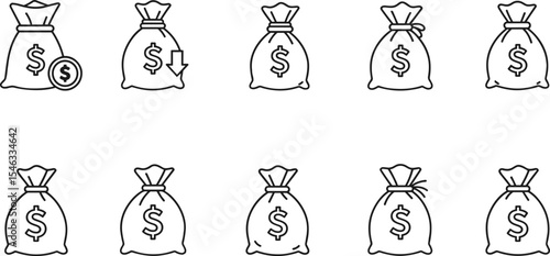 Money bag icon set, financial savings, wealth concept, investment symbols, economy illustration, vector line style for business design