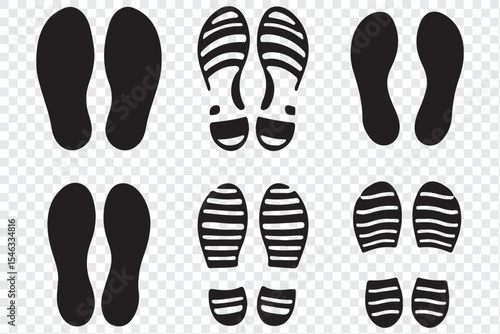Black And White Shoe Prints Sole Pattern Collection Vector Illustration isolated on transparent background.