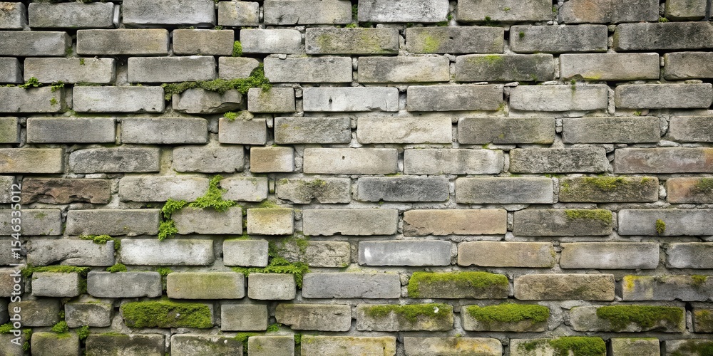 Fototapeta premium Muted grey brick wall with a few scattered stones and a hint of moss growth