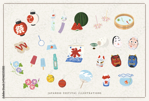 日本の夏祭り素材セット Japanese Summer Festival Illustration