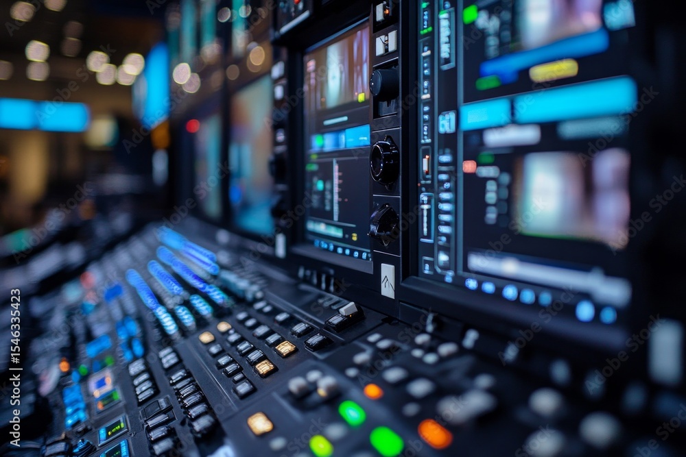 Professional video production control panel displaying multiple screens and knobs, used for live broadcasting and streaming Professional video production control panel displaying multiple screens and knobs, used for live broadcasting and streaming
