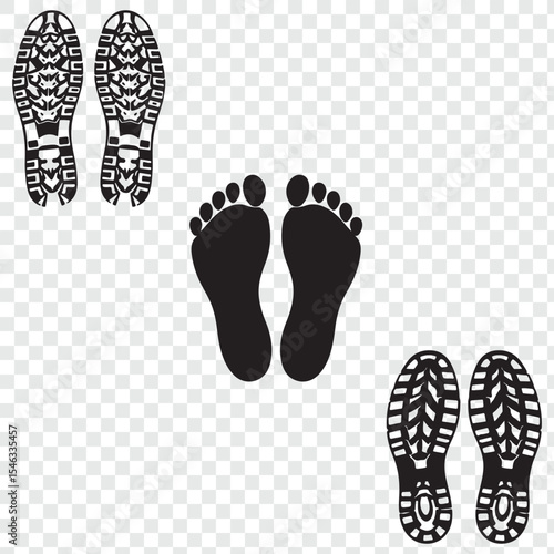 Black And White foot prints and Shoe Prints Sole Pattern Collection Vector Illustration isolated on transparent background.