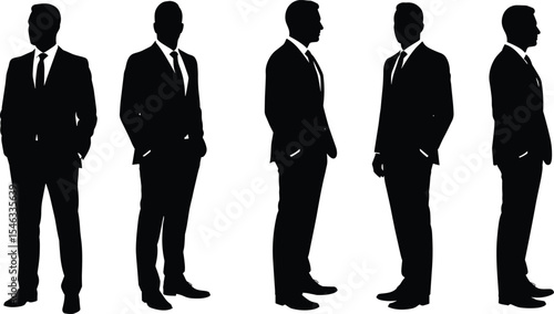 Silhouette of business men in suits, standing pose, professional team, corporate dress, leadership concept, vector illustration for business design