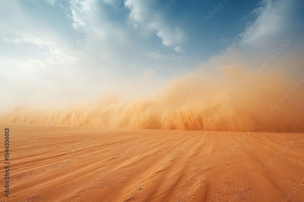 Naklejka premium Powerful sandstorm sweeping over sand dunes in desert environment, creating dramatic scene of nature's force