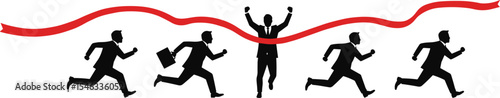 Business competition concept, running businessmen crossing finish line, success achievement, winner leadership, race for success, vector illustration, motivation