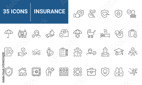 Insurance set of web icons in line style. Insurance and assurance icons for web and mobile app. Protection of health, life, property, car, home, travel insurance icons and more. Vector illustration