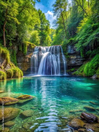waterfall cascade into crystal clear pool at forest