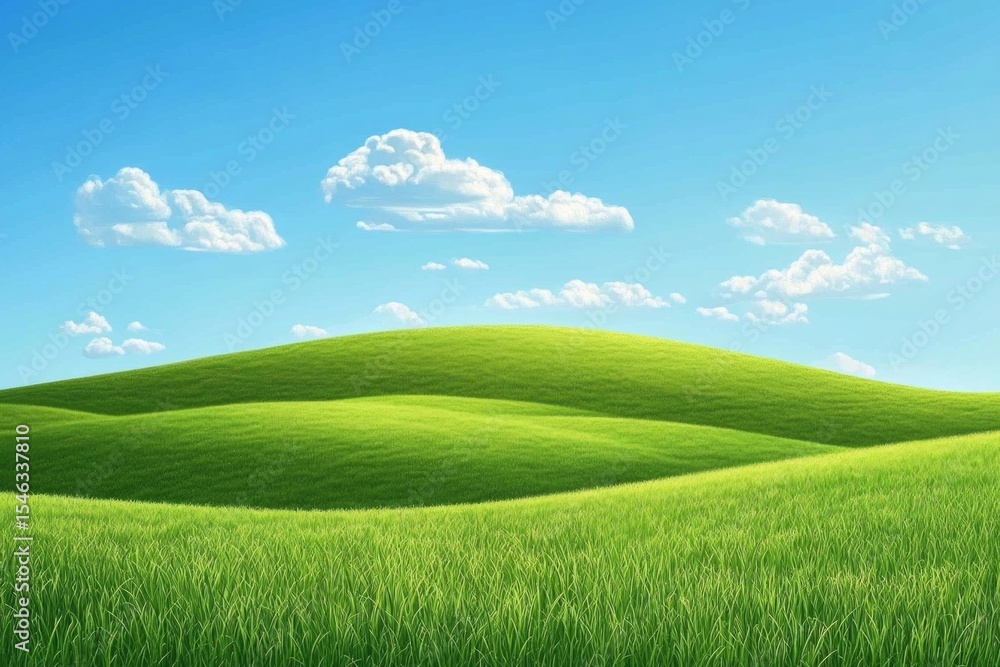 Obraz premium Green grass field landscape with rolling hills and blue sky with clouds representing perfect idyllic scenery