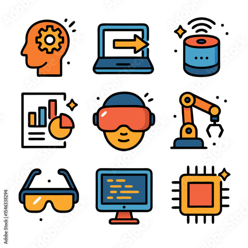 Nine colorful icons showcasing various technologies, suitable for web design, software development, and techrelated projects needing visual elements.