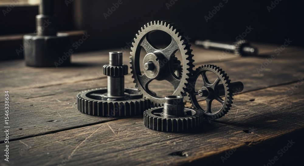 Fototapeta premium Interlocking gears on a rustic wooden surface.