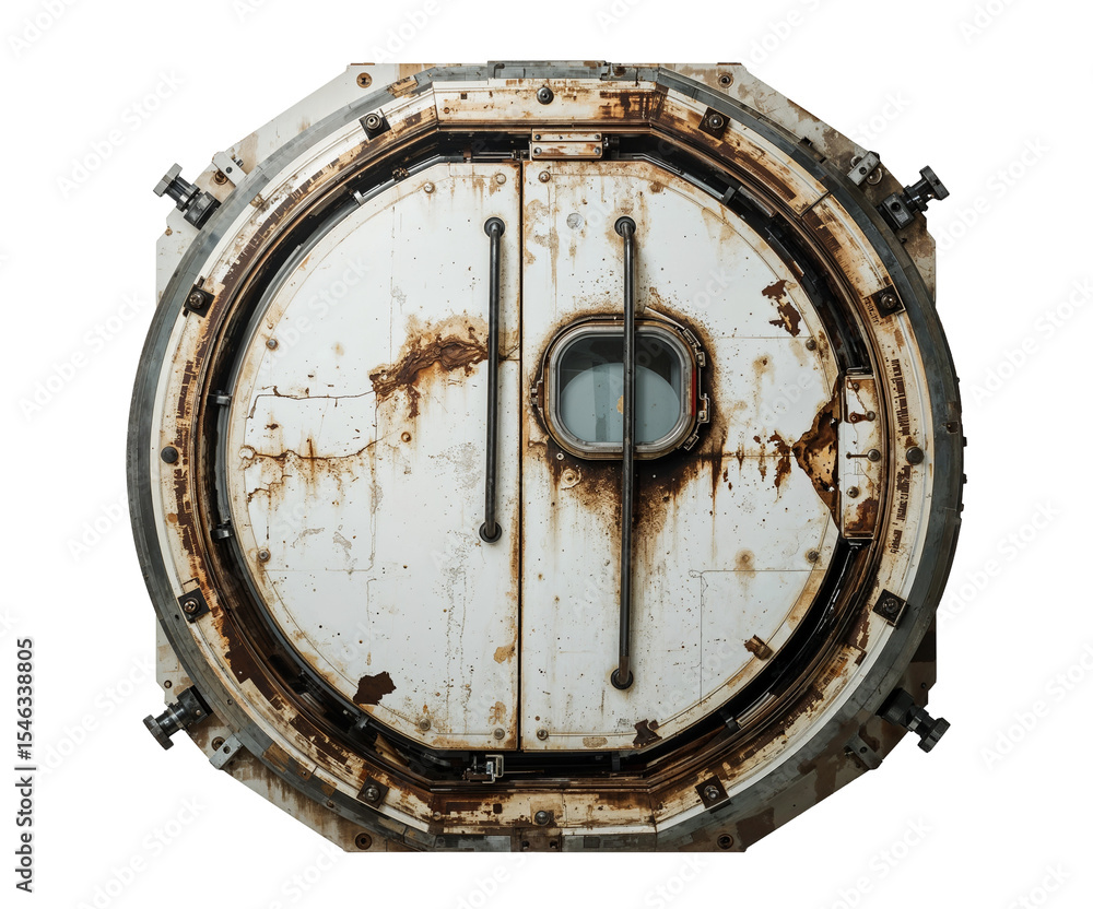 Naklejka premium Lucid Realism, A Heavily Damaged Space Capsule Door Reveals the Harsh Realities of Space Exploration and its Aftermath