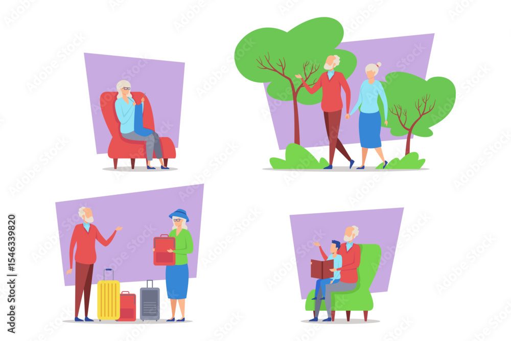 Fototapeta premium Collection of icons with elderly individuals engaged in different activities, such as relaxing, walking, traveling, and reading. Friendship and leisure concept