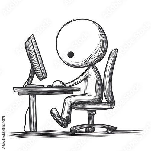Monochrome Drawing of a Stick Figure Working at a Computer Desk
