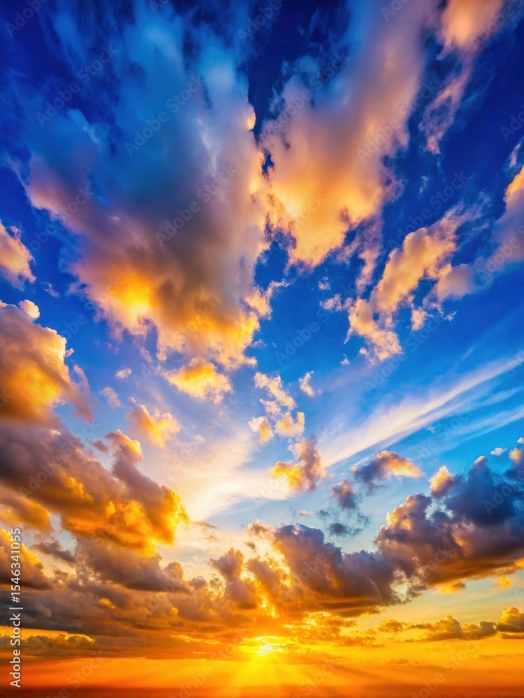 Obraz premium Majestic blue sky with fluffy white clouds and an orange glow from the setting sun