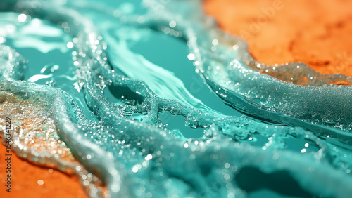 Abstract turquoise water flowing over orange textured surface