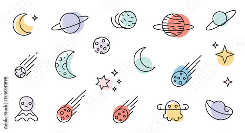Astronomy Elements Set Hand Drawn Cute Space Objects With Cartoon Illustration Style