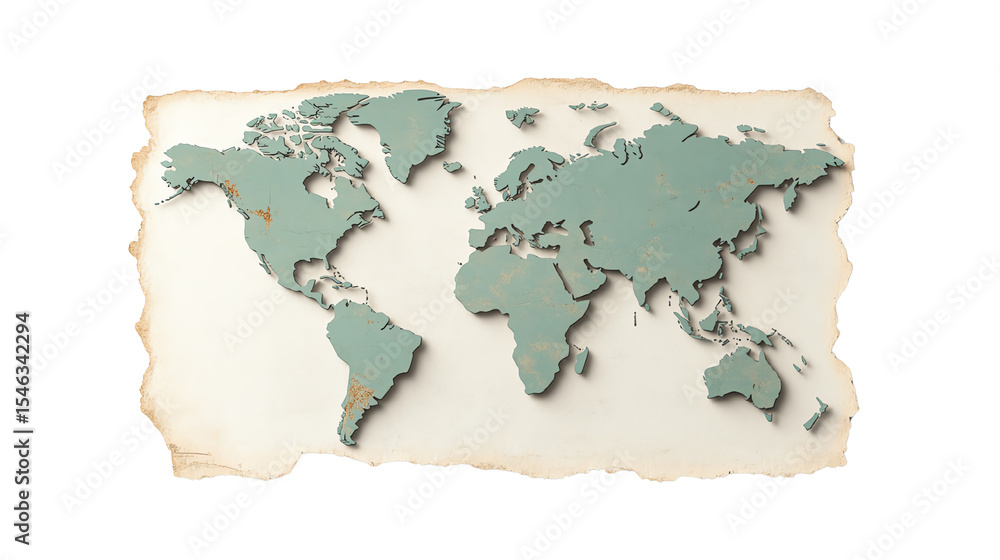 Obraz premium Vintage map of the world on a textured background, showcasing geographical outlines with a distressed finish.