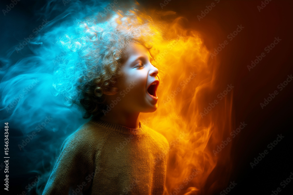 Triggered emotion expression. A child with a glowing emotional aura expressing feelings. Triggered emotion expression. A child with a glowing emotional aura expressing feelings.
