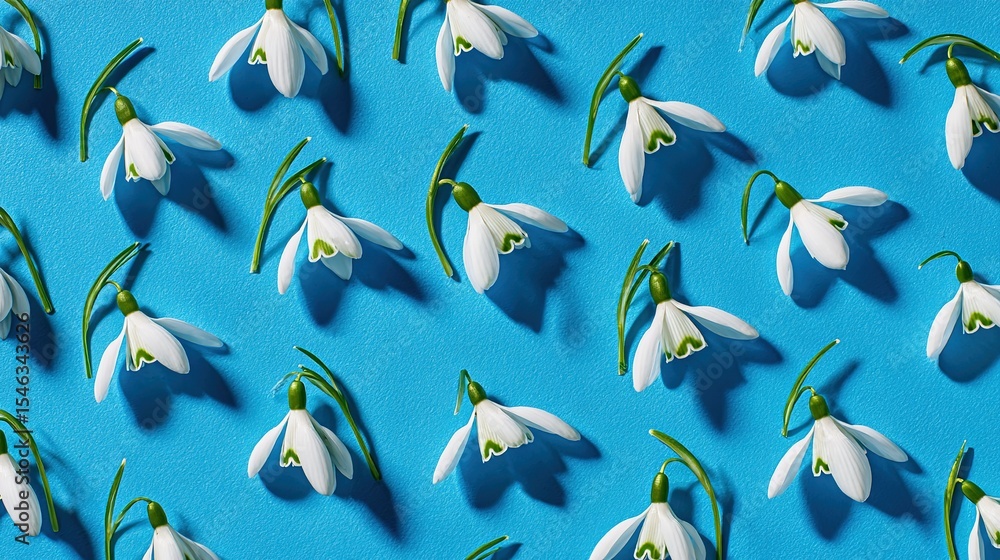Fototapeta premium Snowdrops in elegant pattern on blue, a minimalist spring harmony