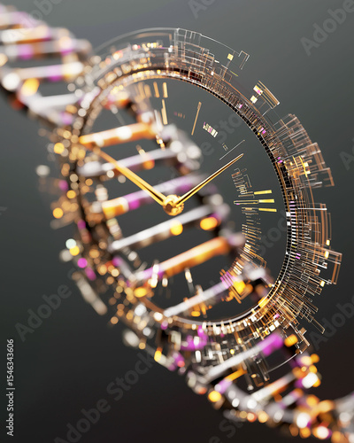 Biohacking technology longevity. Visual representation of a DNA clock resetting concept in biohacking.
