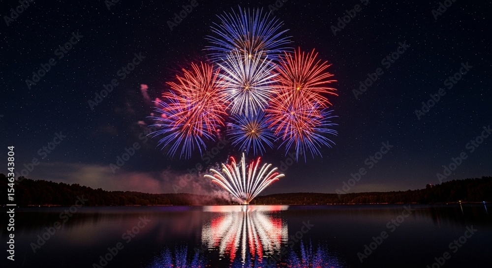 Fireworks in star shapes over lake at night Fireworks in star shapes over lake at night