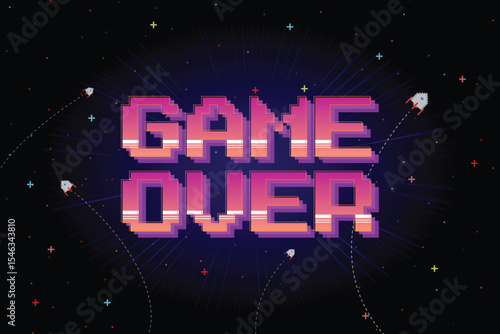Game Over. Retro Futurism Sci-Fi Background. glowing neon grid. and stars from vintage arcade computer games, 3D game.