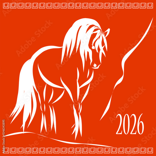 Line Wild Horse Portrait. Lunar New Year Calendar Mascot Animal Art. Horse Outline Ink Silhouette Sketch Drawn. Hand Crafted China Zodiac Sign Contour. Greeting Gift Card Decoration Design. 