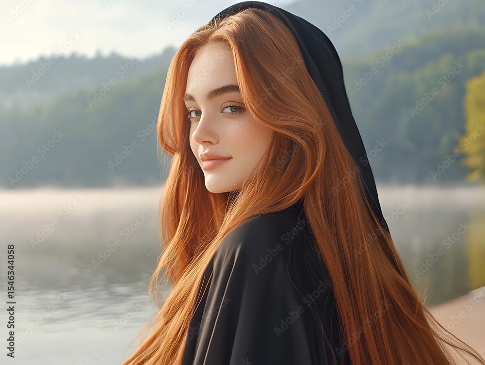 Fototapeta premium Young Woman With Long Red Hair Wearing Black Hood By Tranquil Lake Amidst Lush Green Nature Landscape