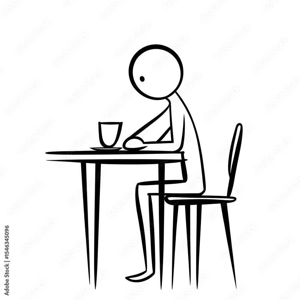Simple stick figure having a beverage at a table on a chair Simple stick figure having a beverage at a table on a chair