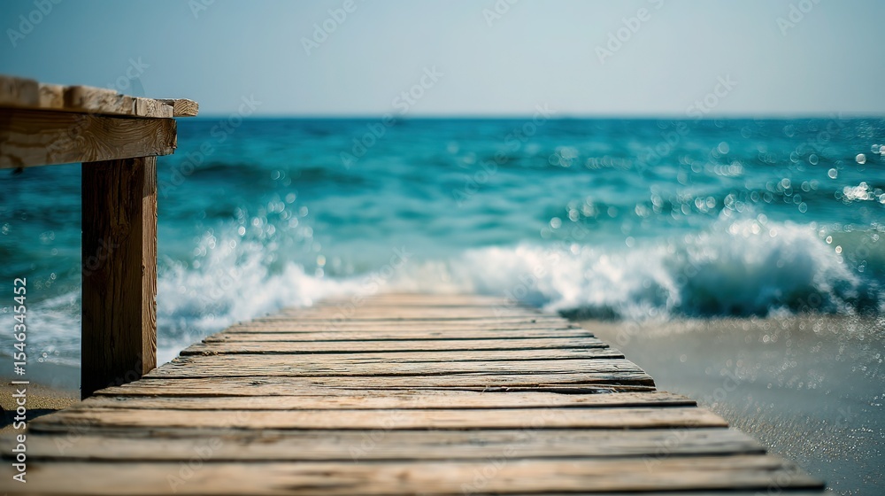 Fototapeta premium Wooden dock stretching into turquoise waters, serene beach backdrop. Tranquil escape into nature's beauty.