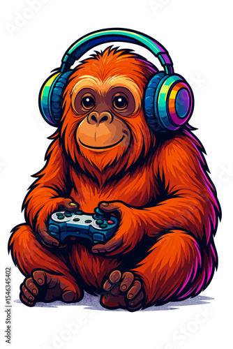 Cute orang utan with headphones and game controller vector illustration