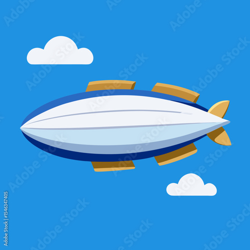 Vector of blimp floating in blue sky, white background